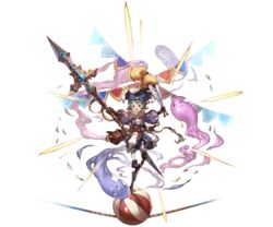  1boy ball belt blue_hair bow facial_tattoo feathers full_body ghost gloves granblue_fantasy harvin hat male_focus minaba_hideo official_art open_mouth orange_eyes pointy_ears polearm solo spear tattoo transparent_background ulamnuran weapon 