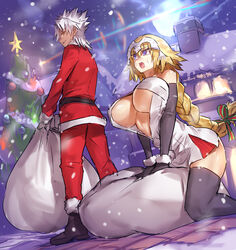  1boy amakusa_shirou_(fate) black_gloves black_thighhighs blush breasts christmas_tree cleavage commentary_request cosplay dark_skin elbow_gloves fate/apocrypha fate/grand_order fate_(series) female gloves highres house jeanne_d&#039;arc_(fate) jeanne_d&#039;arc_(ruler)_(fate) jeanne_d&#039;arc_alter_santa_lily_(fate) jeanne_d&#039;arc_alter_santa_lily_(fate)_(cosplay) kneeling large_breasts long_hair melon22 sack santa_costume snow thighhighs white_hair 