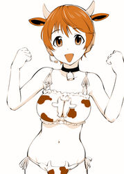  :d adapted_costume animal_band_panties animal_cutout animal_ears animal_print bell bra breasts cat_lingerie cleavage cleavage_cutout clenched_hands clothing_cutout collar commentary_request cow_cutout cow_ear_panties cow_ears cow_girl cow_horns cow_print cowbell cowboy_shot female food frilled_bra frills groin hands_up happy headphones headset hip_focus horns idolmaster idolmaster_cinderella_girls large_breasts looking_at_viewer meme_attire microphone navel neck_bell oikawa_shizuku open_mouth orange_eyes orange_hair panties parody short_hair side-tie_panties simple_background smile solo spot_color ueyama_michirou underwear underwear_only 