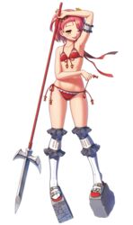  arm_up armband armpits bikini bikini_pull clothes_pull female front-tie_top full_body halterneck highres holding holding_polearm holding_weapon juumonji_yari naughty_face navel official_art one_eye_closed orange_hair over-kneehighs pink_hair platform_footwear polearm red_bikini sandals shirohime_quest short_hair side-tie_bikini_bottom solo spear swimsuit thighhighs tongue tongue_out transparent_background ueda_castle weapon yari 