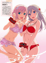  2girls alisa_ilinichina_amiella artist_request asymmetrical_docking bikini blue_eyes blush bracelet breast_press breasts breasts_squeezed_together cleavage daiba_canon flower_ornament frilled_bikini frills god_eater god_eater_resurrection gradient_background green_eyes hair_between_eyes hairband halterneck hand_on_own_thigh highres jewelry large_breasts leg_up light_brown_hair looking_at_viewer multiple_girls navel non-web_source o-ring o-ring_bikini o-ring_bottom o-ring_top outstretched_hand photoshop_(medium) pink_bikini pink_hair red_bikini scan simple_background swimsuit 