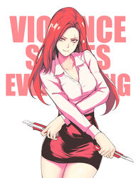  alternate_costume boxcutter breasts cal_(pmgdd) catchphrase cleavage commentary_request contemporary cowboy_shot dress_shirt dual_wielding female holding katarina_(league_of_legends) league_of_legends long_hair looking_at_viewer medium_breasts pencil_skirt red_eyes red_hair scar scar_across_eye scar_on_face shirt simple_background skirt smile solo sparkle white_background 