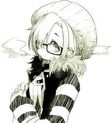  bad_id bad_pixiv_id blush earrings female glasses green_theme hair_over_one_eye hat idolmaster idolmaster_cinderella_girls jewelry looking_at_viewer monochrome shirasaka_koume short_hair solo warabeshi 