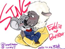  2016 4:3 anthro blue_eyes blush bovid bow_(feature) bow_tie buster_moon caprine carrying_another cradling domestic_sheep duo eddie_noodleman english_text fur heart_symbol illumination_entertainment koala luna926tw male mammal marsupial sheep sing_(movie) size_difference smile text vombatiform wool_(fur) 