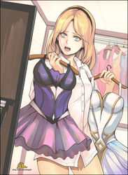  aqua_eyes black_hairband blonde_hair blue_eyes bottomless buttons cal_(pmgdd) clothes_hanger commentary_request cowboy_shot dress elementalist_lux female fitting_room hairband holding image_sample indoors league_of_legends long_hair long_sleeves looking_at_mirror lux_(league_of_legends) mirror no_pants open_mouth parted_bangs pixiv_sample purple_dress shirt signature sleeveless sleeveless_dress solo watermark web_address white_dress white_shirt 