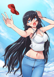  :o aokihoshi ayukawa_madoka black_hair blue_background blue_eyes blue_pants breasts cleavage cloud commentary_request day denim female hat jeans kimagure_orange_road long_hair midriff navel open_mouth outdoors pants red_hat sky solo sun_hat tank_top tsuru_hiromi unworn_hat unworn_headwear white_tank_top 