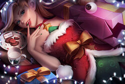  alternate_hair_color ambitious_elf_jinx blonde_hair choker christmas christmas_tree cookies female freckles fur_trim jinx_(league_of_legends) league_of_legends lipstick long_hair milk olchas pointy_ears red_choker red_hat santa_costume santa_hat very_long_hair 