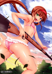  ahoge aoki_kanji armpits ass bikini blue_eyes blurry breasts brown_hair day depth_of_field dutch_angle fat_mons female frilled_bikini frills from_below green_eyes gun hairband heterochromia highres leaf looking_back open_mouth outdoors photoshop_(medium) pink_bikini plaid plaid_bikini rifle ryoubi_(senran_kagura) senran_kagura senran_kagura_shinovi_versus shiny_skin small_breasts solo swimsuit twisted_torso weapon 