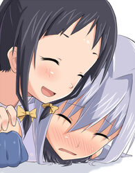  2girls bad_id bad_pixiv_id black_hair blush boko_(maniacpurple) closed_eyes engi_threepiece gloves grey_hair hair_ribbon kounagi_yui multiple_girls ribbon smile yumekui_merry yuri 