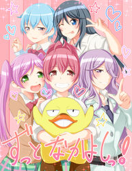  5girls bad_id bad_pixiv_id black_hair blue_eyes blue_hair crab goutokuji_kayo green_eyes grin hair_over_one_eye kamo_(sabagebu!) kasugano_urara_(sabagebu!) kippuru kyoudou_maya long_hair mole mole_under_mouth multiple_girls ootori_miou pink_eyes pink_hair purple_hair sabagebu! short_hair smile sonokawa_momoka translated twintails 