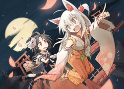  2girls animal_ears bag blush blush_stickers bridge brown_hair cloud cloudy_sky commentary_request dark_clouds detached_sleeves flying fox_ears fox_mask fox_tail geta hakama hakama_skirt japanese_clothes kimono leaf loafers mask messenger_bag moon multiple_girls night oerba_yun_fang open_mouth orange_hakama original petals pleated_skirt pointing red_eyes rope school_uniform senhappyaku serafuku shoes shoulder_bag skirt sky socks tail torii uniform white_hair yellow_eyes 