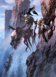  cliff cloud death detailed_background digital_media_(artwork) eldrazi eldritch_abomination group hasbro high_place human humanoid kor_(magic:_the_gathering) magic:_the_gathering mammal midair official_art outside rope signature sky solo_focus tentacle tyler_jacobson water waterfall wizards_of_the_coast 