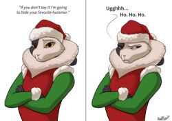  2017 anthro armello badroy christmas christmas_clothing christmas_headwear clothed clothing crossed_arms dewlap_(anatomy) dialogue elyssia_(armello) english_text female frown fur hat headgear headwear holidays lagomorph league_of_geeks leporid mammal mottled mottled_body mottled_fur neck_tuft offscreen_character piebald piebald_body piebald_fur rabbit santa_hat simple_background smile solo text tuft white_background yellow_eyes 