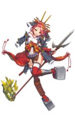  female full_body garter_straps hairband headdress highres holding holding_polearm holding_weapon juumonji_yari leg_up official_art open_mouth orange_eyes pink_hair platform_footwear polearm sandals shirohime_quest solo spear thighhighs transparent_background ueda_castle weapon yari 