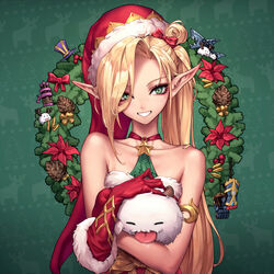  alternate_costume ambitious_elf_jinx bare_arms bare_shoulders blonde_hair bow bullet choker christmas closed_eyes collarbone commentary creature dress elf female freckles fur-trimmed_gloves fur_trim gauntlets gloves green_background green_eyes grin hair_bun hairbow has_bad_revision hat head_tilt highres holding holly jinx_(league_of_legends) leaf league_of_legends long_hair looking_at_viewer md5_mismatch oopartz_yang pinecone pointy_ears polka_dot polka_dot_choker red_bow red_choker red_dress red_gloves red_hat saliva santa_costume santa_hat side_ponytail single_hair_bun single_side_bun smile star_(symbol) strapless strapless_dress tongue tongue_out upper_body very_long_hair wreath 