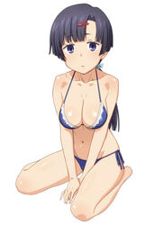  akishino_himeka barefoot bikini black_hair blush body_blush breasts cleavage commentary_request female full_body hair_ornament hairclip large_breasts long_hair looking_at_viewer navel ore_no_kanojo_to_osananajimi_ga_shuraba_sugiru ponytail purple_eyes shiny_skin side-tie_bikini_bottom simple_background sitting skindentation solo swimsuit tenchisouha v_arms wariza white_background 