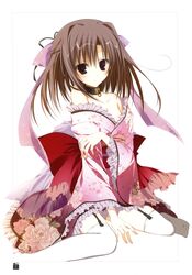  absurdres brown_hair collar ebiten_(manga) female frilled_thighhighs frills garter_straps highres inugami_kira japanese_clothes kimono off_shoulder official_art purple_eyes sitting solo thighhighs todayama_izumiko wariza white_thighhighs 