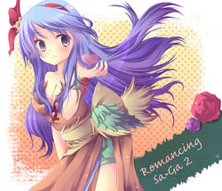  blue_hair breasts cleavage commentary_request copyright_name dress female flower hairband heart long_hair medium_breasts photoshop_(medium) polka_dot polka_dot_background purple_eyes purple_flower purple_rose red_flower red_rose rocbouquet_(saga) romancing_saga romancing_saga_2 rose saga smile solo wings yuzuki_(white_snow) 