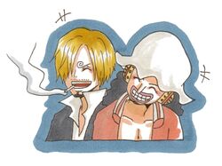  2boys black_hair blonde_hair chef closed_eyes earphones hair_over_one_eye hat marksman multiple_boys nanako_(skr7k) one_piece sanji smile smoking usopp 