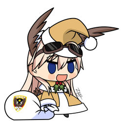  afrika_korps bag commentary fate/extra fate_(series) female hanna-justina_marseille holly long_hair mechanical_pencil meme padoru_(meme) parody pencil sack santa_costume solo witches_of_africa world_witches_series yellow_santa_costume zero_(73ro) 