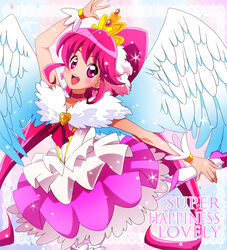  aino_megumi angel_wings arm_up ballerina brooch character_name choker commentary_request cure_lovely earrings female happinesscharge_precure! heart heart_brooch highres jewelry long_hair magical_girl masako_(sabotage-mode) pantyhose photoshop_(medium) pink_eyes pink_hair pink_skirt precure skirt smile solo sparkle super_happiness_lovely tiara white_pantyhose white_wings wide_ponytail wings wrist_cuffs 