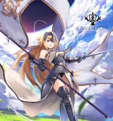  armor armored_boots bare_shoulders blonde_hair blue_eyes boots chains cloud collar commentary couter day eruthika fallstreak_hole fate/grand_order fate_(series) female from_below fur_trim highres jeanne_d&#039;arc_(fate) jeanne_d&#039;arc_(third_ascension)_(fate) long_hair looking_at_viewer panties sky solo standard_bearer sword underwear very_long_hair walking weapon wind 