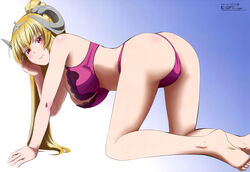  absurdres all_fours arm_support ass bad_feet barefoot blonde_hair blue_background blush body_blush bra demon_girl diadem female fingernails full_body gradient_background hair_between_eyes highres horns long_hair looking_at_viewer lucifer_(the_seven_deadly_sins) magazine_scan megami_magazine official_art panties parted_lips pink_lips ponytail purple_bra purple_panties red_eyes scan shiny_skin smile solo taketani_teppei teeth the_seven_deadly_sins toes underwear underwear_only white_background 