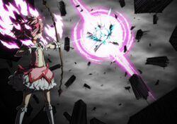  bow_(weapon) commentary_request female gloves highres kaname_madoka kaname_madoka_(magical_girl) mahou_shoujo_madoka_magica mahou_shoujo_madoka_magica_(anime) photoshop_(medium) pink_hair short_hair short_twintails spoilers twintails walpurgisnacht_(madoka_magica) weapon yanushi 