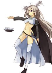  battery_aida_ni_misu_ga_deta book cape commentary_request dagger female floating floating_book floating_object grey_hair head_wings knife long_hair navel open_book open_mouth purple_eyes sennen_sensou_aigis sheath sheathed solo sorano_(sennen_sensou_aigis) thighhighs weapon white_thighhighs wings 