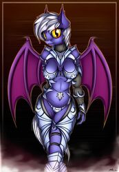  2016 absurd_res anthro anthrofied armor bat_pony bat_wings border clothed clothing equid equine fan_character fangs female fog hair hasbro hi_res horse inner_ear_fluff looking_at_viewer mammal membrane_(anatomy) membranous_wings my_little_pony neko-me polaris pony simple_background skimpy smile solo teeth tuft unconvincing_armor walking white_hair wings yellow_eyes 