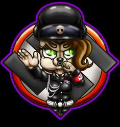  armband black_background bone brown_hair chibi clothing cross domestic_cat felid feline felis female green_eyes hair happyanthro hi_res iron_cross lizzy_(happyanthro) mammal medal nazi nazi_salute simple_background skull solo swastika uniform 