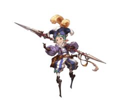  1boy belt blue_hair bow facial_tattoo feathers full_body gloves granblue_fantasy harvin hat male_focus minaba_hideo official_art open_mouth orange_eyes pointy_ears polearm solo spear tattoo transparent_background ulamnuran weapon 