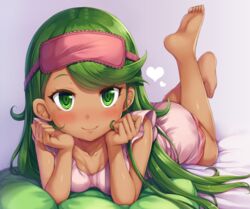  1girls barefoot bed blush cute dark-skinned_female feet female_only green_eyes green_hair human legs_up long_hair looking_at_viewer lying_on_stomach mallow_(pokemon) nightgown on_stomach pajamas pokemon pokemon_sm seductive sleeping_mask smile snowcanvas soles solo_female tanned_skin the_pose toes young 