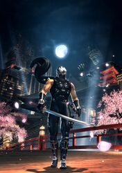  1boy 3d absurdres bridge cherry_blossoms city dragon_sword gauntlets green_eyes highres katana mask moon ninja_gaiden ninja_gaiden_sigma_2 official_art ryu_hayabusa scarf statue sword weapon 