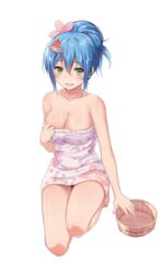  barefoot blue_hair breasts bucket cccpo cleavage female floral_print full_body green_eyes hair_ornament highres large_breasts looking_at_viewer naked_towel official_art open_mouth shirohime_quest solo towel transparent_background updo wet yamatokoriyama_castle 