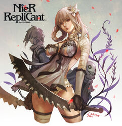  1boy bandages braid breasts commentary_request cropped_legs dated dual_wielding female flower gloves hair_ornament holding kaine_(nier) large_breasts lingerie md5_mismatch nawol negligee nier nier_(brother) nier_(series) panties petals photoshop_(medium) sword thigh_strap underwear weapon white_hair white_panties 