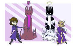  4boys adhemas black_keys_(type-moon) carnival_phantasm cassock cd chibi commentary_request cross cross_necklace crossover dark-skinned_male dark_skin drooling enrico_pucci fate/stay_night fate_(series) grail-kun halo jewelry jojo_no_kimyou_na_bouken kotomine_kirei multiple_boys nakata_jouji necklace photoshop_(medium) robe stand_(jojo) stone_ocean striped voice_actor_connection vomiting whitesnake_(stand) 