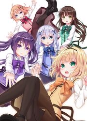  5girls :d alternate_costume black_hair blonde_hair blue_eyes blue_hair blush brown_hair chestnut_mouth commentary_request flower gochuumon_wa_usagi_desu_ka? green_eyes hair_ornament hairclip hane_yoshiyumi highres hoto_cocoa kafuu_chino kirima_syaro long_hair long_sleeves looking_at_viewer matching_outfits multiple_girls open_mouth pantyhose purple_eyes purple_hair rabbit_house_uniform shirt short_hair skirt smile tedeza_rize twintails ujimatsu_chiya waitress x_hair_ornament 