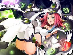  aqua_eyes belt blue_hair book choker collarbone commentary_request doko_tetora duel_monster elbow_gloves female from_below gloves glowing gradient_hair hat high_priestess_of_prophecy long_hair looking_at_viewer midriff multicolored_hair open_mouth pink_hair purple_hair sitting solo thighhighs thighs white_thighhighs wizard_hat yu-gi-oh! 