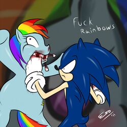  1:1 2011 angry anthro blood bodily_fluids broken_teeth crossover duo english_text equid equine eulipotyphlan female feral friendship_is_magic hair hasbro hedgehog hi_res horse male mammal multicolored_hair my_little_pony pherociouseso pony punch rainbow_dash_(mlp) rainbow_hair sega signature sonic_the_hedgehog sonic_the_hedgehog_(series) text third-party_edit violence 