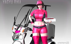  1girls 3d big_breasts breasts brown_eyes brown_hair cheeky delivery female female_only hand_on_hip holding_object legwear motorcycle pink_lips pizza pizza_rat pizza_takeout_obscenity rika_yagyu short_hair shorts standing topwear umemaro umemaro_3d wide_hips 