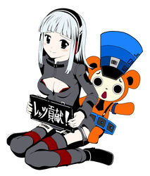  barcode bear breasts commentary_request female freedom_wars hat headphones holding holding_sign knees_together_feet_apart long_hair long_sleeves mascot necktie panties pantyshot prisoner propa-kun sign silver_hair simple_background sitting small_breasts tarian thighhighs togabito translated underwear white_background 