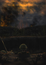  absurdres blood blood_on_clothes blood_stain blurry bunker cloud commentary dark depth_of_field fire grass helmet highres looking_afar military military_uniform night original photoshop_(medium) radio radio_antenna sandbag shell_casing sino-vietnamese_war sky smoke soldier tanto_(tc1995) uniform war 