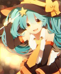  alternate_color aqua_hair commentary_request elbow_gloves female fingerless_gloves gloves halloween hat hatsune_miku komadori_ui long_hair necktie open_mouth orange_eyes skirt solo star_(symbol) twintails vocaloid wand witch_hat 