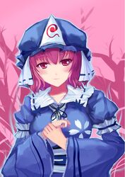  bad_id bad_pixiv_id breasts cherry_blossoms female ghost hat japanese_clothes large_breasts pink_hair red_eyes saigyouji_yuyuko short_hair smile solo sound_tamashi touhou tree triangular_headpiece 