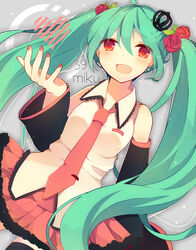  39 character_name commentary_request detached_sleeves female flower green_hair hair_flower hair_ornament hatsune_miku long_hair nail_polish necktie red_eyes rose shimotsuki_eri skirt solo thighhighs twintails very_long_hair vocaloid 