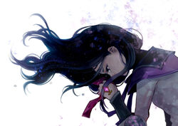  1021yu akemi_homura akemi_homura_(magical_girl) black_hair commentary_request female floating_hair long_hair looking_down magical_girl mahou_shoujo_madoka_magica mahou_shoujo_madoka_magica_(anime) photoshop_(medium) profile ribbon solo tears 