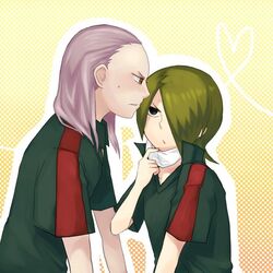  2boys black_eyes brown_eyes green_hair henmi_wataru inazuma_eleven inazuma_eleven_(series) kissing multiple_boys norinori-z sakiyama_syuji silver_hair soccer_uniform sportswear yaoi 