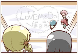  5girls akemi_homura black_hair blonde_hair blue_hair bow casual commentary_request creator_connection drill_hair food footprints gerotan hair_ornament hair_ribbon hairbow heart hidamari_sketch kaname_madoka long_hair love_me_do mahou_shoujo_madoka_magica mahou_shoujo_madoka_magica_(anime) miki_sayaka mitakihara_school_uniform mouth_hold multiple_girls parody pink_hair pocky red_hair ribbon sakura_kyoko school_uniform short_hair short_twintails snow the_beatles tomoe_mami twintails |_| 