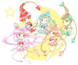  5girls amazons_quartet bishoujo_senshi_sailor_moon bishoujo_senshi_sailor_moon_stars blue_eyes blue_hair blue_sailor_collar boots bow brooch cerecere_(sailor_moon) chibi_usa choker commentary_request cone_hair_bun crescent_moon double_bun earrings full_body gloves green_eyes green_hair group_picture hair_bun hair_ornament hair_rings hairpin happy high_ponytail jewelry junjun_(sailor_moon) knee_boots light_blue_hair long_hair magical_girl moon multi-tied_hair multiple_girls pallapalla_(sailor_moon) photoshop_(medium) pink_choker pink_eyes pink_hair pink_sailor_collar ponytail red_eyes red_hair red_sailor_collar ribbon sailor_ceres sailor_chibi_moon sailor_collar sailor_juno sailor_pallas sailor_senshi sailor_senshi_uniform sailor_vesta school_uniform serafuku short_hair single_hair_bun skirt smile star_(symbol) star_brooch star_earrings super_sailor_chibi_moon_(stars) tiara twintails vesves_(sailor_moon) white_footwear white_gloves yellow_bow yokoru 